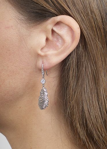 Silver Lucky Feather Crystal Earrings				
