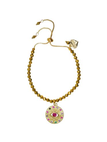 Pyrite Gemstone Fuchsia Crystal Eye Adjustable Bracelet