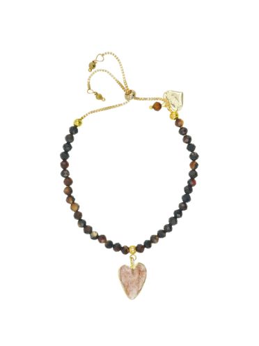 Smoky Quartz Gemstone Heart and Black Agate Adjustable Bracelet