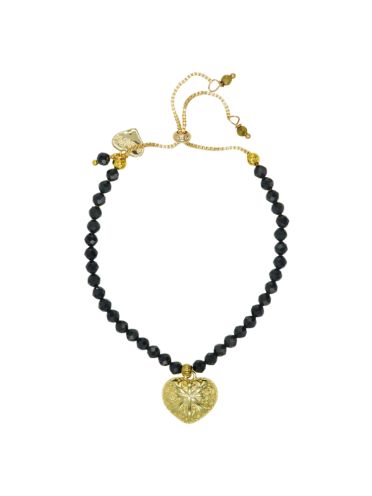 Gold Heart and Black Spinnel Gemstone Adjustable Bracelet