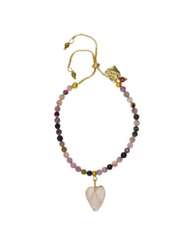 Rose Quartz Gemstone Heart and Tourmaline Gemstone Adjustable Bracelet