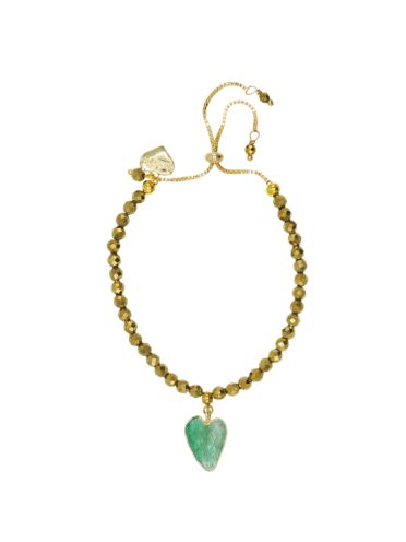 Green Agate Gemstone Heart and Pyrite Adjustable Bracelet