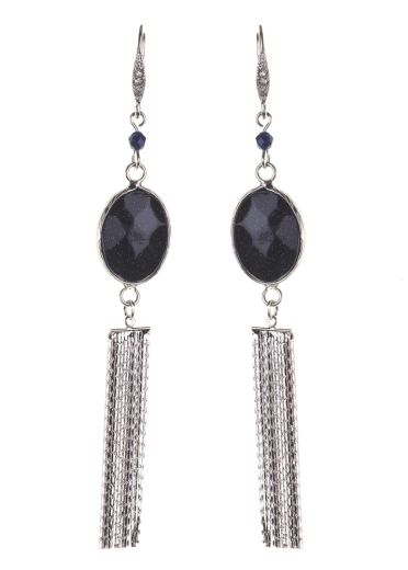 Silver Navy Gemstone Tassel Earrings