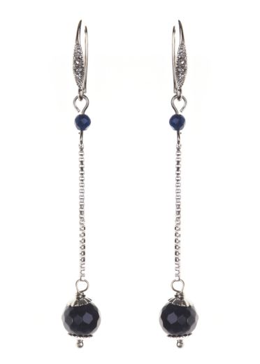Silver Navy Gemstone Ball Chain Earrings