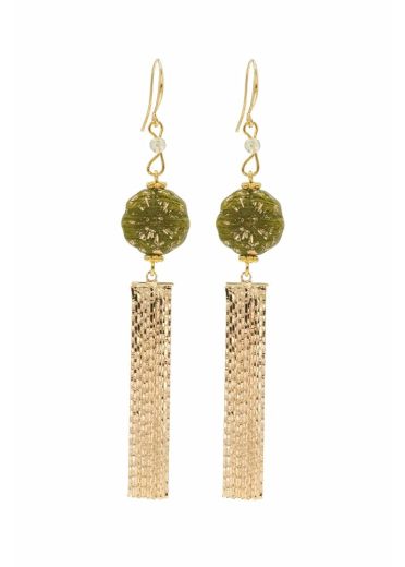 Prehnite Gemstone Gold Pansy Tassel Earrings