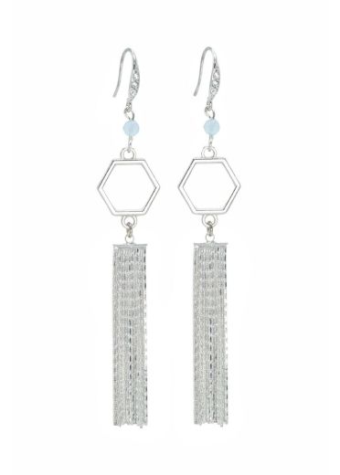 Aquamarine Hexagon Tassel Earrings