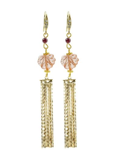 Garnet Gemstone Maple Leaf Tassel Earrings 
