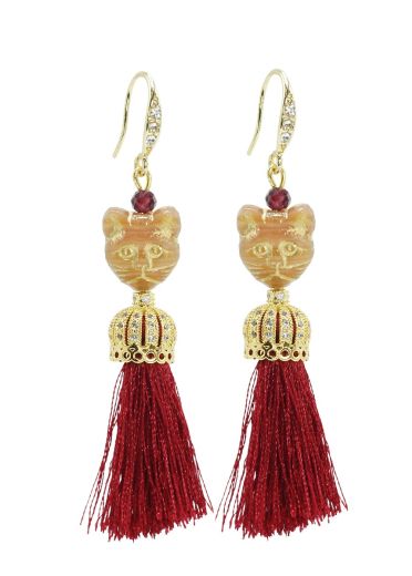 Garnet Gemstone Cat Tassel Earrings