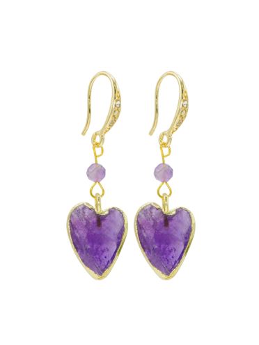 Amethyst Gemstone Heart  and Gold Crystal Earrings