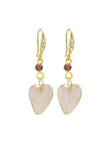 Rose Quartz Gemstone Heart and Tourmaline Gemstone Crystal Earrings