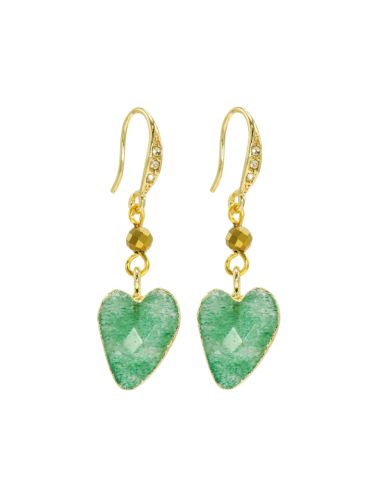 Green Agate Gemstone Heart and Pyrite Crystal Earrings