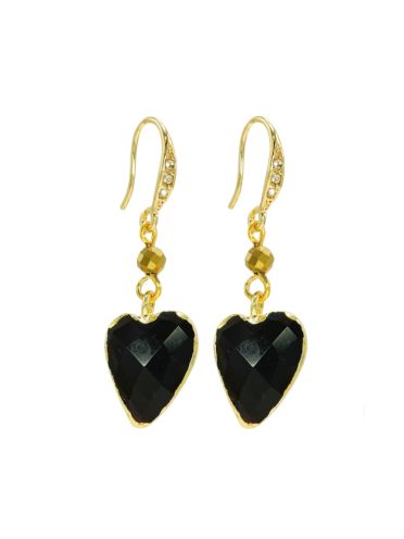 Black Spinnel Gemstone Heart and Pyrite Gemstone Earrings
