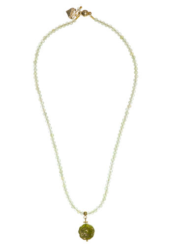 Prehnite Gemstone Gold Pansy Necklace 