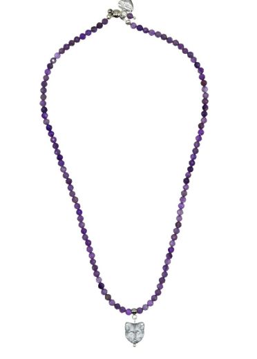 Amethyst Gemstone Silver Bohemian Cat Necklace 