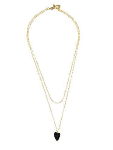 Black Spinnel Gemstone Heart and Pyrite Gemstone Double Chain Necklace