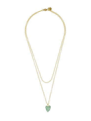 Green Agate Gemstone Heart and Pyrite Double Chain Necklace