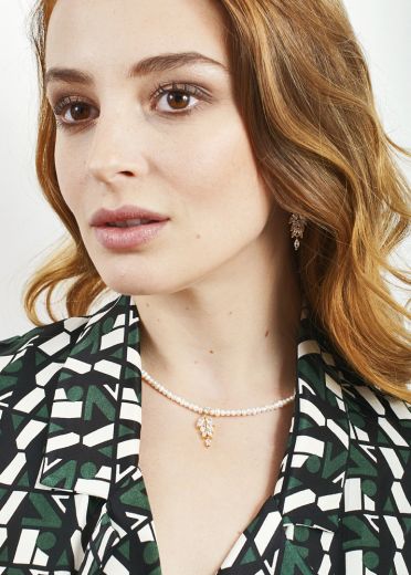 Ivory Freshwater Pearl & Crystal Leaf Necklace				