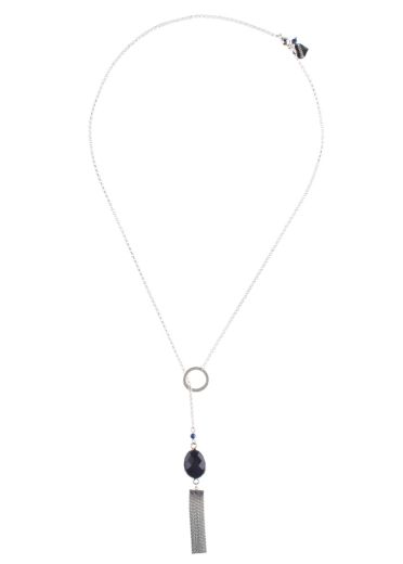 Silver Navy Gemstone Tassel Lariat Necklace