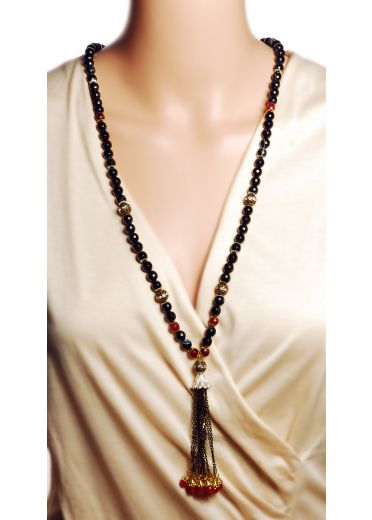 Black Onyx Gemstone & Garnet Tassle Necklace