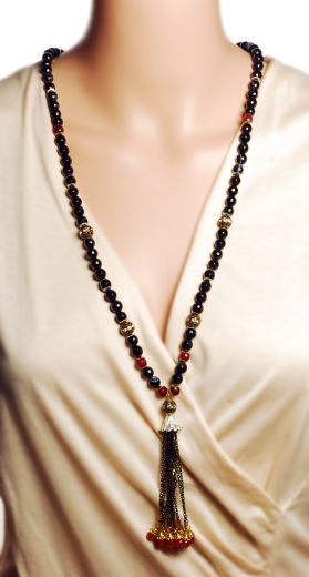 Black Onyx Gemstone & Garnet Tassle Necklace