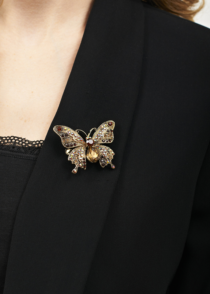 Gold Crystal Butterfly Brooch 