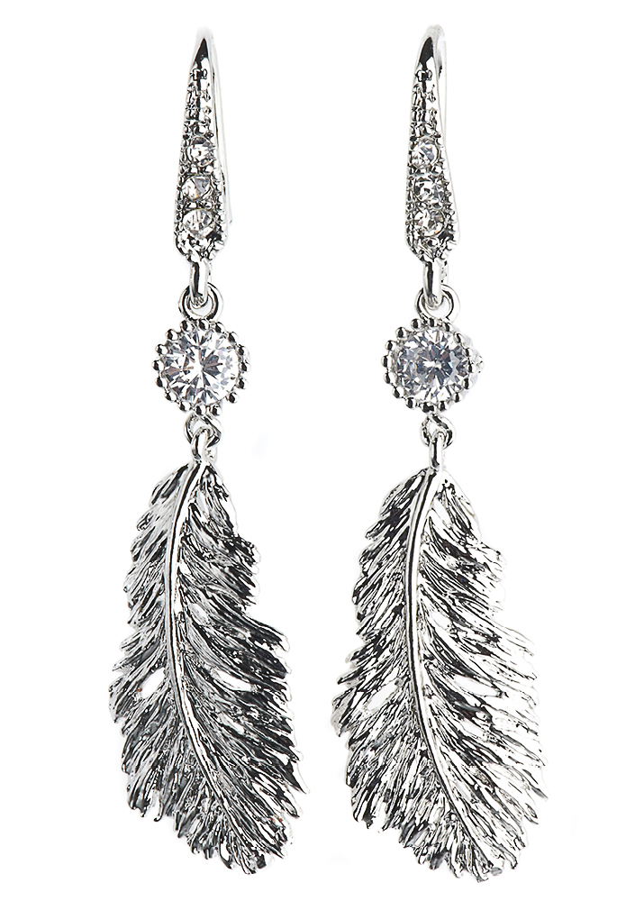 Silver Lucky Feather Crystal Earrings				
