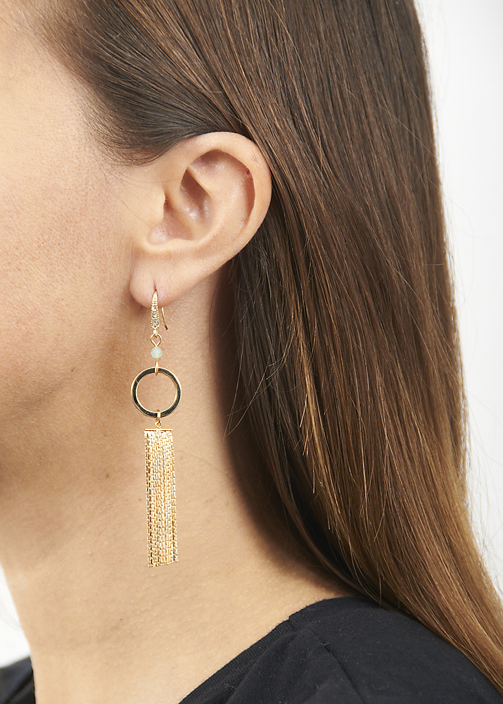 Aqua Agate Gold Empowerment Circle Tassel Earrings