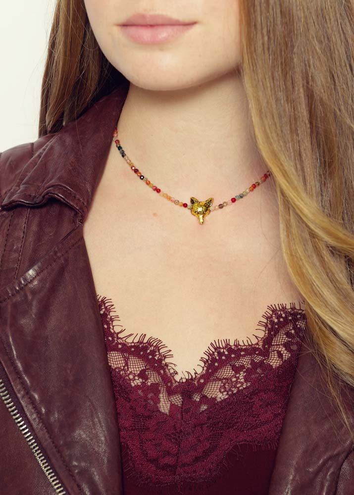 Ruby Rainbow Agate Fox Necklace
