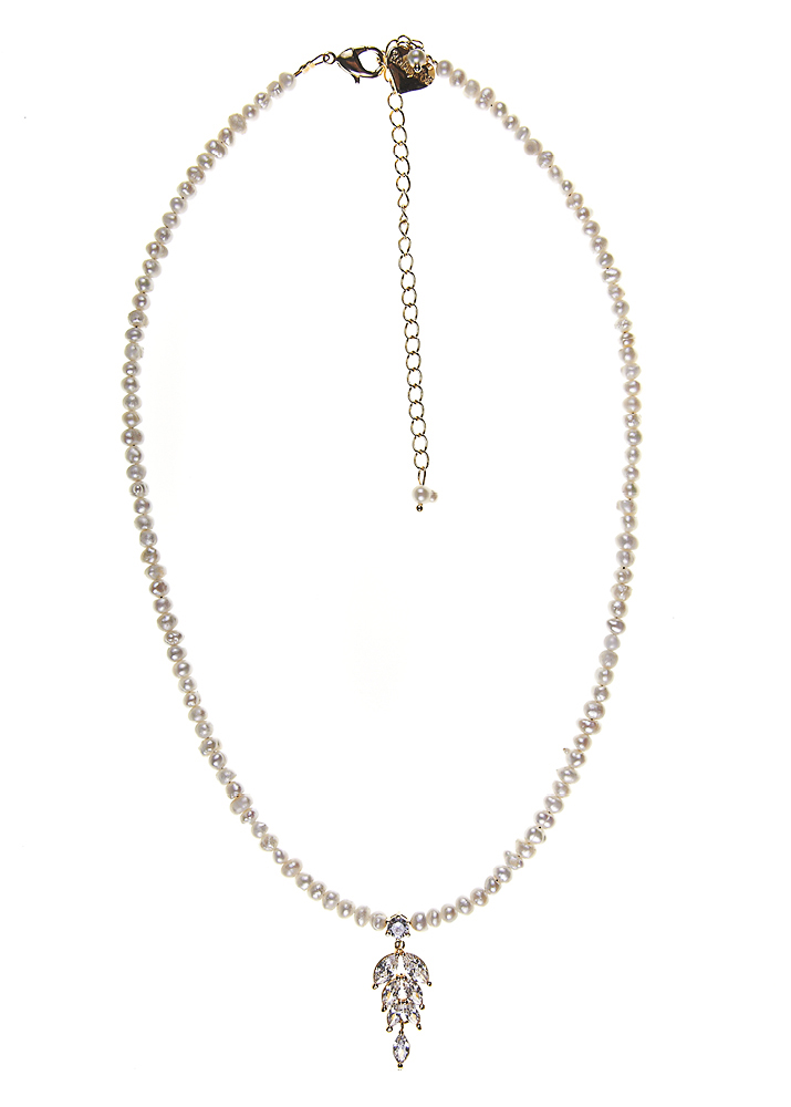 Ivory Freshwater Pearl & Crystal Leaf Necklace				