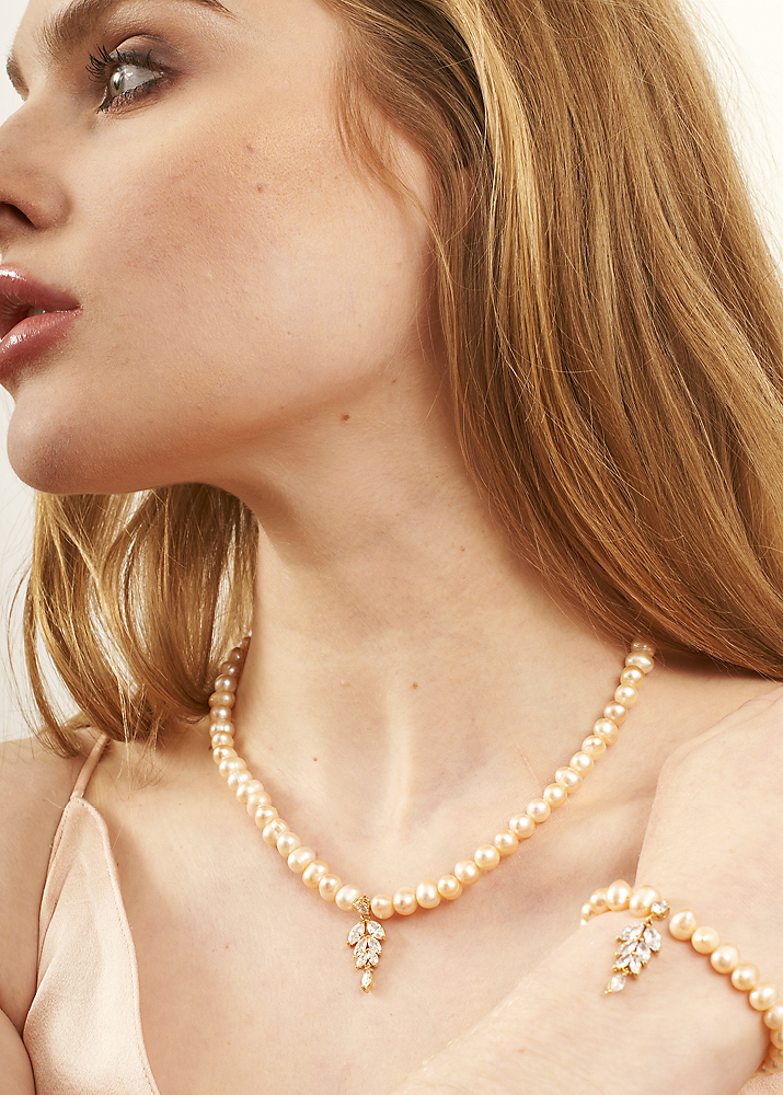 Pink Pearl Crystal Leaf Necklace