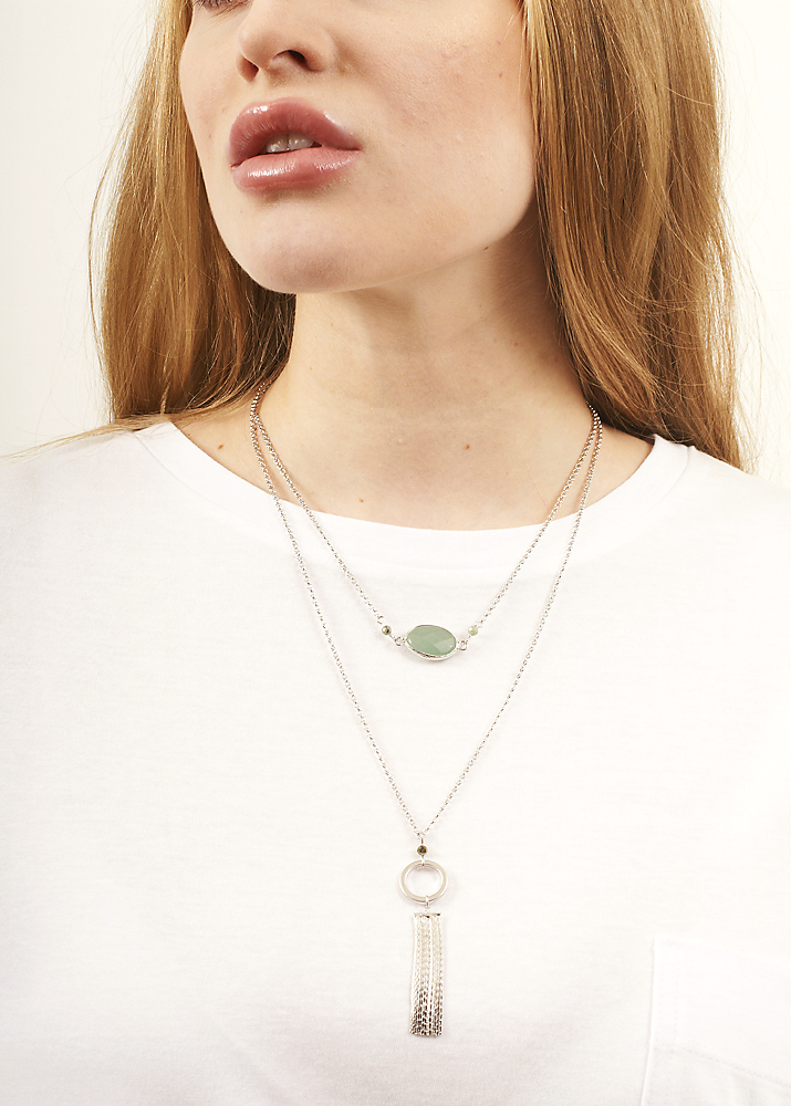 African Pine Gemstone Layer Tassel Necklace