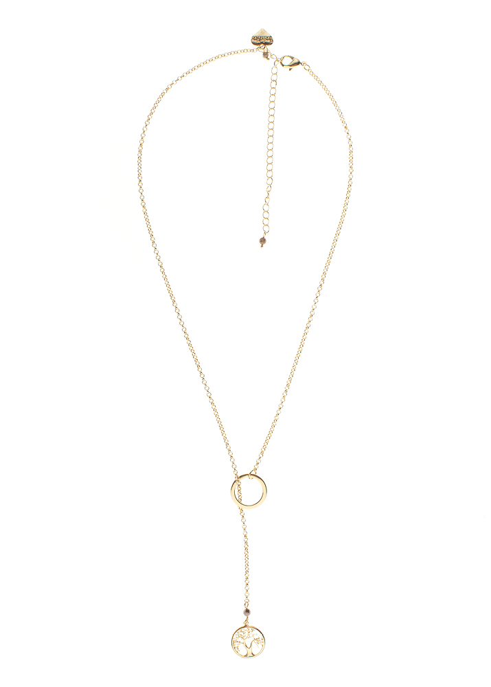 Rhodochrosite Gold Tree of Life Lariat Necklace