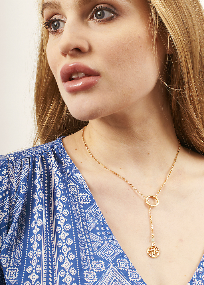 Aqua Agate Gold Tree of Life Lariat Necklace