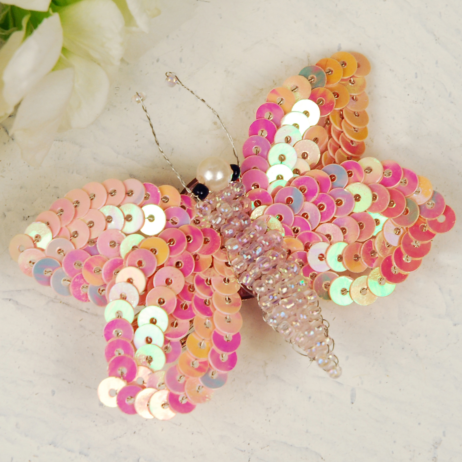 Peach Sequin Butterfly Hairclip & Brooch